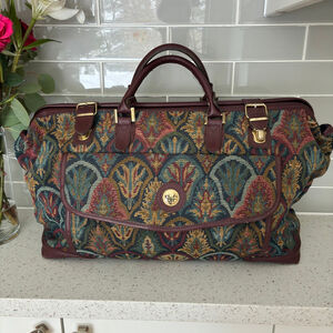 Vintage Tapestry Weekender Bag Leather Trim DVF Style Boho Travel Duffel